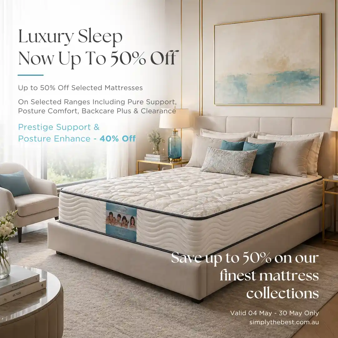 Premium mattress in a luxury Perth bedroom setting promoting up to 50% off selected mattresses at Simply The Best.